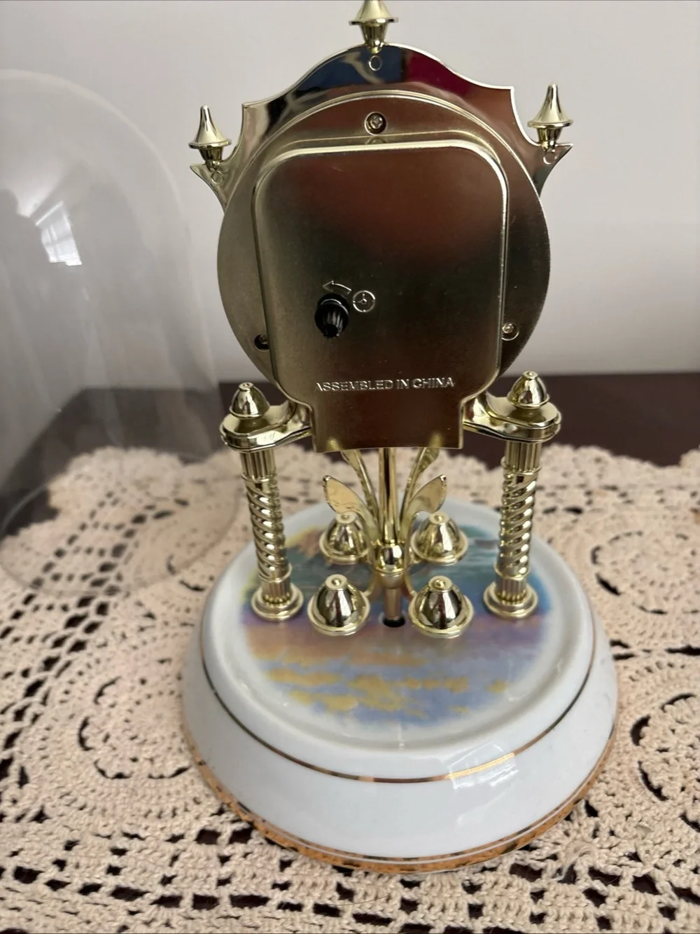 Thomas Kinkade White & Gold Glass Dome Mantel Clock with Scenic Dial